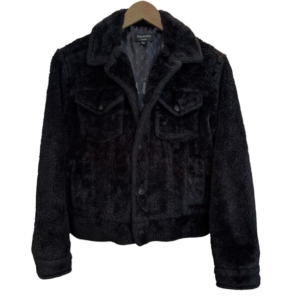 Juicy Couture Luxe Faux Fur Lined Black Trucker Jacket w/ 4 Pockets Size Small - Picture 1 of 10